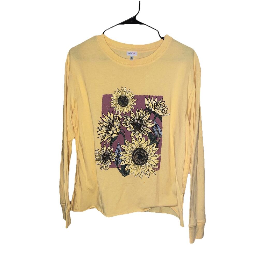 Women’s Selfie Cute Yellow Sunflower Spring Long Sleeve Tshirt Sz XL SOFT